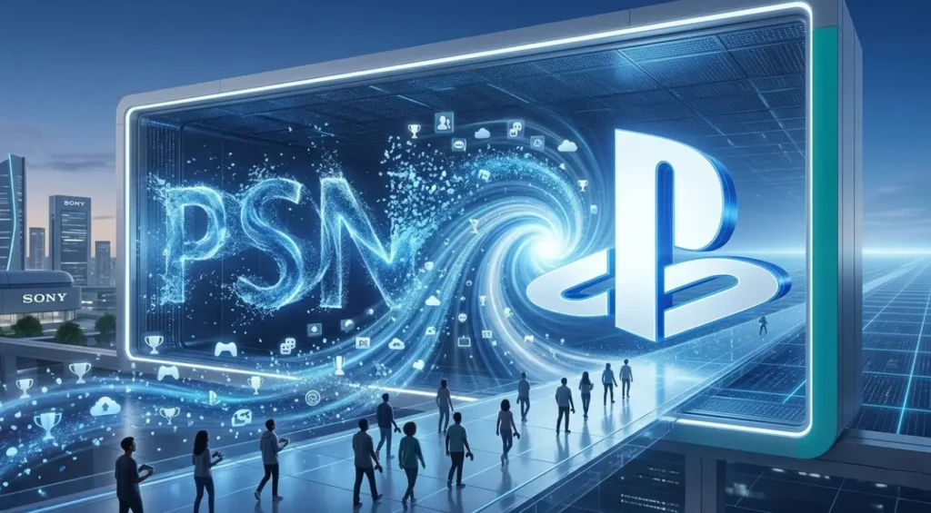 Ilustración futurista que muestra la transición de la marca PlayStation Network (PSN) al logotipo unificado de PlayStation en una ciudad tecnológica de Sony.