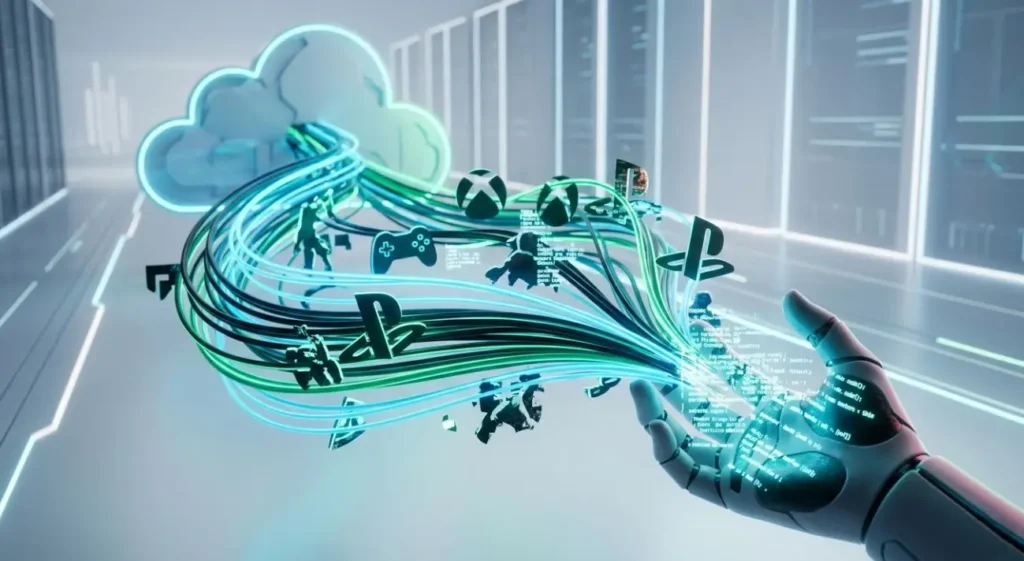 Concepto de gaming as a service: mano robótica conectada a nube digital y logos de videojuegos en un entorno de servidores futurista y premium.