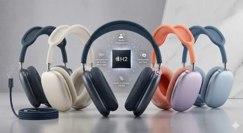 Imagen de estudio de los auriculares AirPods Max 2 en cinco colores, con un gráfico central que detalla las características del chip H2, como Audio Adaptativo y Audio Lossless de 24 bits.