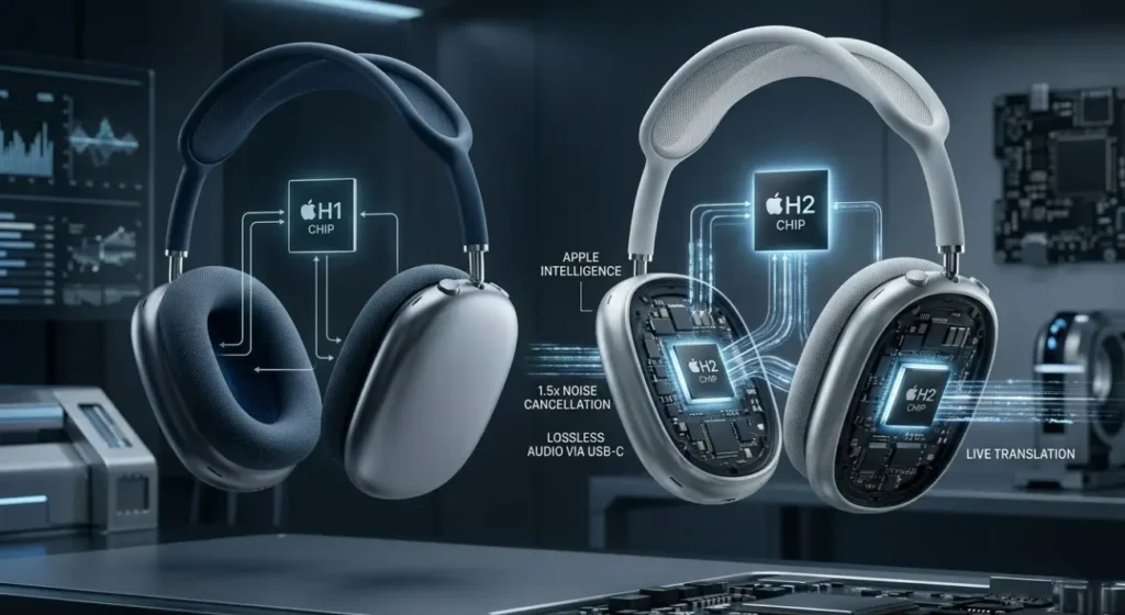 Imagen que muestra la comparativa entre los auriculares AirPods Max 2 y AirPods Max, destacando las mejoras tecnológicas en cada modelo.