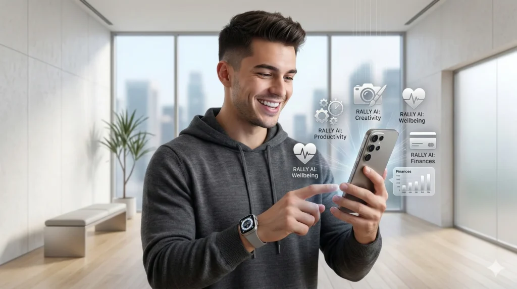 Joven usando un smartphone con iconos minimalistas de inteligencia artificial para productividad, salud y finanzas en un entorno moderno.