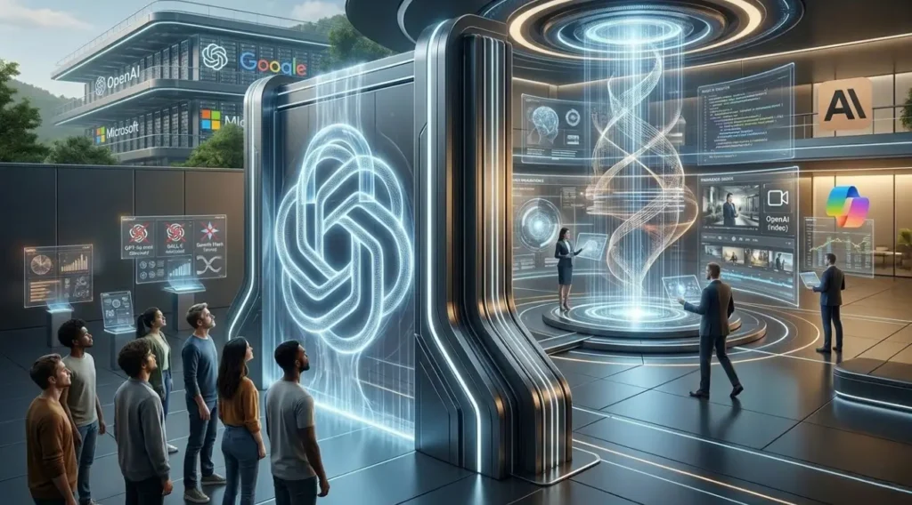 Un centro de tecnología de IA futurista con un gran holograma de ADN y edificios de OpenAI, Google y Microsoft al fondo.
