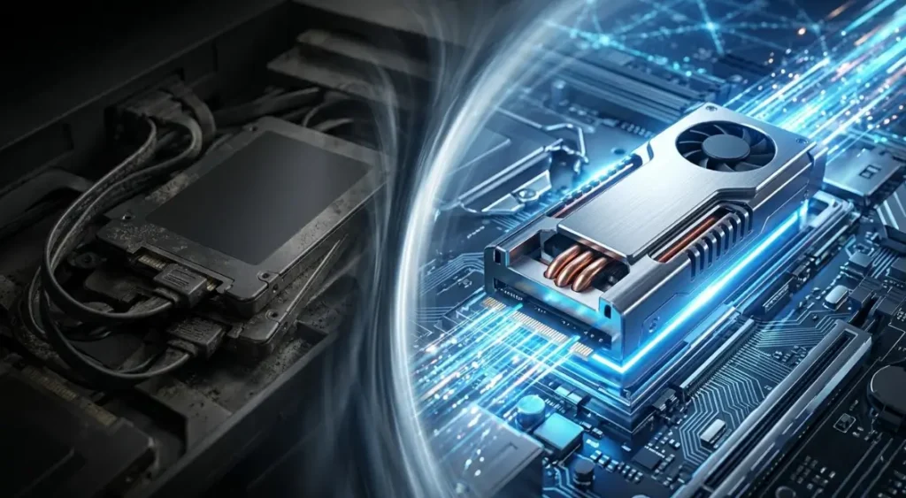 Comparación visual de unidades SSD SATA y un moderno SSD NVMe M.2 iluminado.