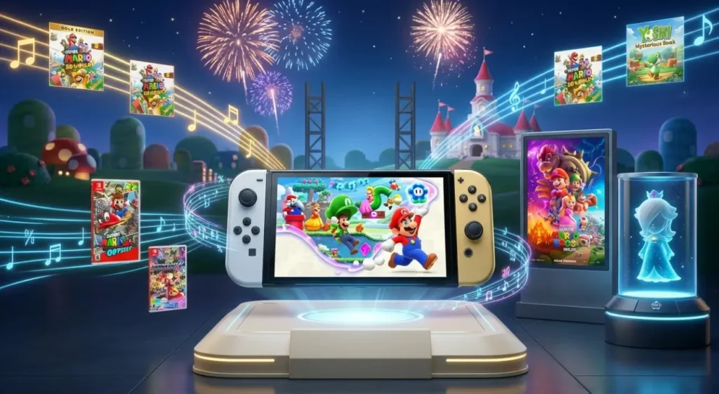 Una consola Nintendo Switch OLED mostrando el juego Super Mario Bros. Wonder en un pedestal brillante, con el Castillo de Peach y fuegos artificiales de fondo, rodeada de cajas de juegos de Mario flotantes y una figura holográfica de Estela (Rosalina).
