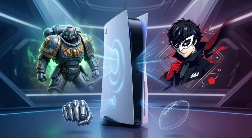 Consola PlayStation 5 proyectando luz, con un Marine Espacial de Warhammer 40k Space Marine 2 a la izquierda y Joker de Persona 5 Royal a la derecha. Fondo futurista.