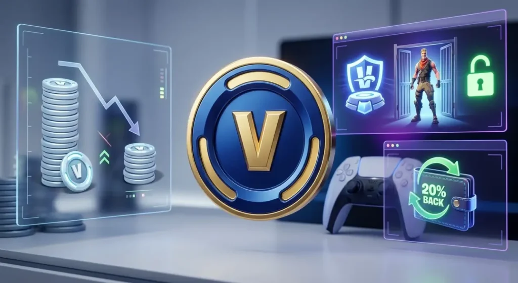 Portada de blog de tecnología de Fortnite que muestra una moneda de PaVos central y pantallas holográficas ilustrando la reducción de monedas, el desbloqueo gratuito de Salva el Mundo y un reembolso del 20% en crédito.