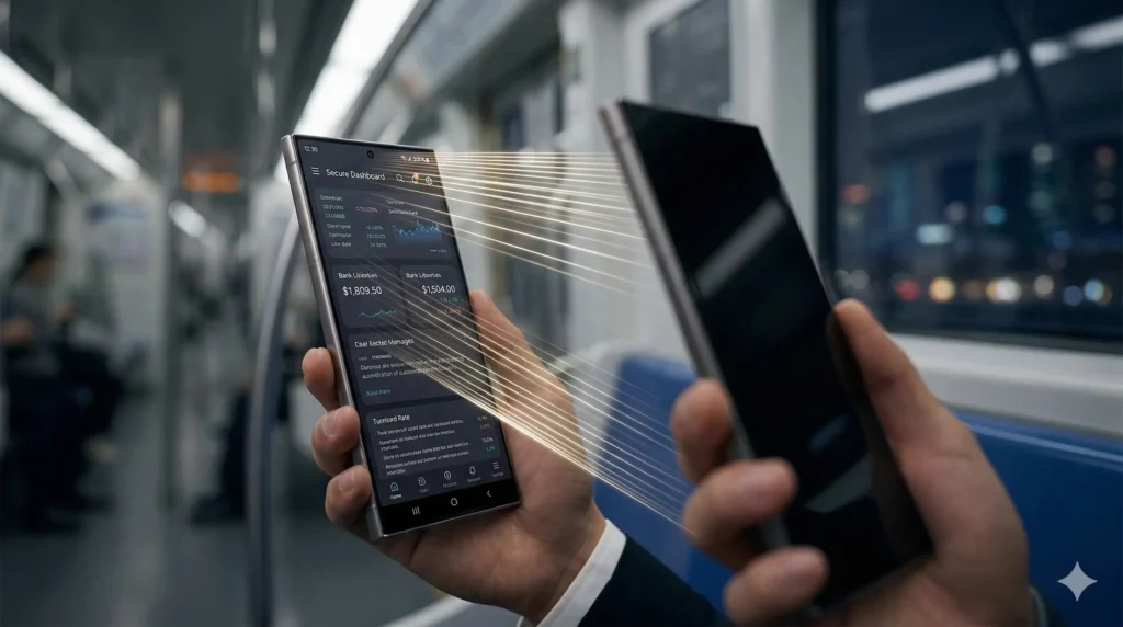 Imagen de dos manos sosteniendo smartphones en el metro de Seúl, con un efecto de luz entre las pantallas, mostrando la tecnología Privacy Display.