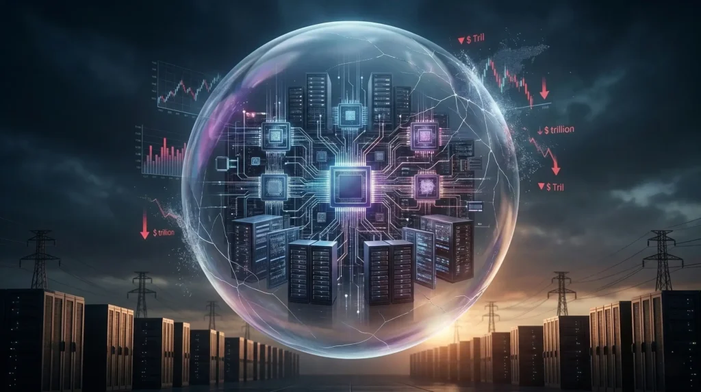 Burbuja financiera de la Inteligencia Artificial en 2026: infraestructura tecnológica y servidores dentro de una burbuja sobre gráficos bursátiles en descenso.