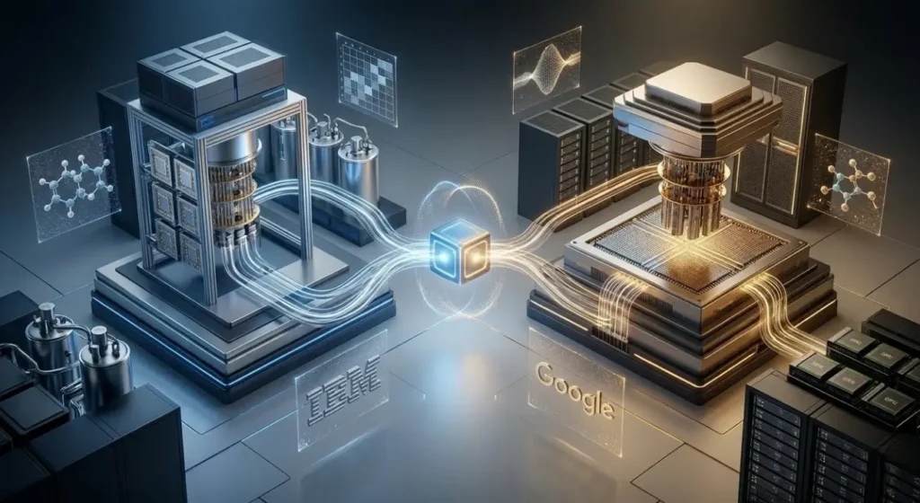 Vista isométrica de dos avanzados procesadores cuánticos interconectados por un núcleo de energía en un centro de datos futurista, con pantallas holográficas de datos científicos.