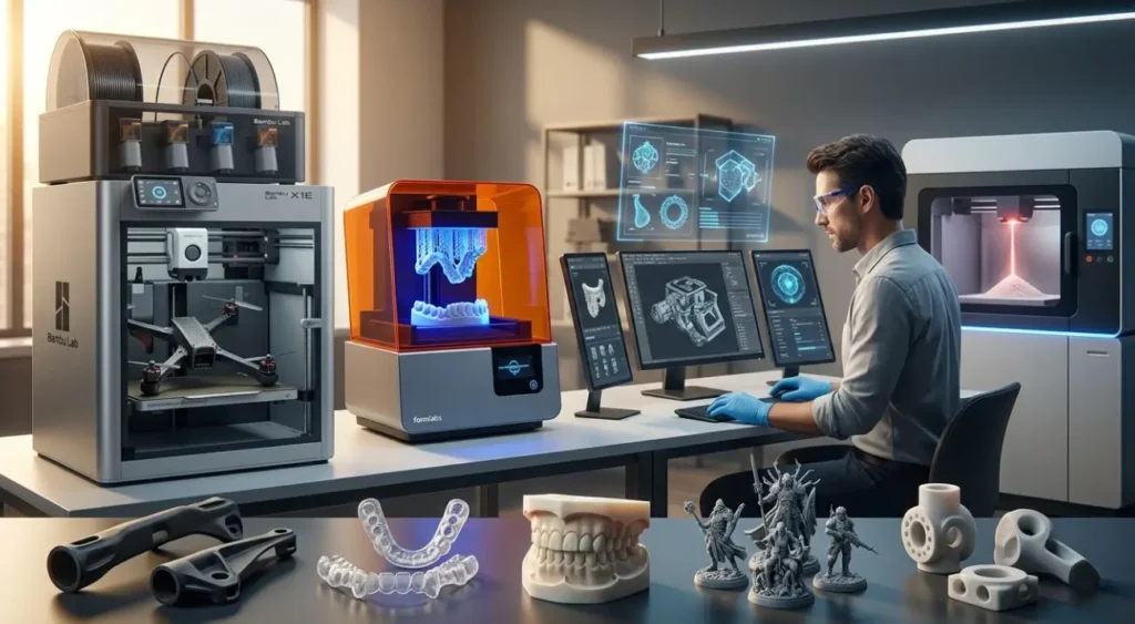 Técnico operando impresoras 3D profesionales de filamento y resina en un laboratorio con prototipos mecánicos, dentales y miniaturas.