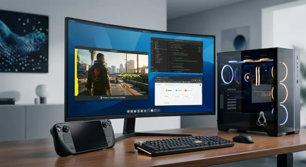 Escritorio Linux 2026: Setup de PC moderno con monitor curvo mostrando gaming y código, junto a una Steam Deck y torre con logo de Linux. Estilo premium.