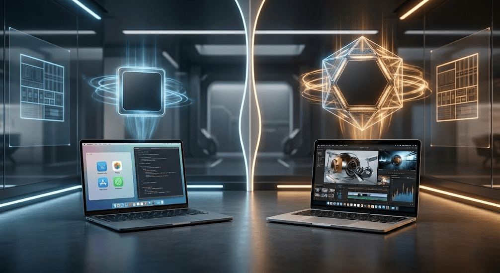 Ilustración de estudio tecnológico futurista con MacBook Neo vs. MacBook Air mostrando pantallas de codificación y edición de vídeo, bajo hologramas de chip y diseño geométrico.