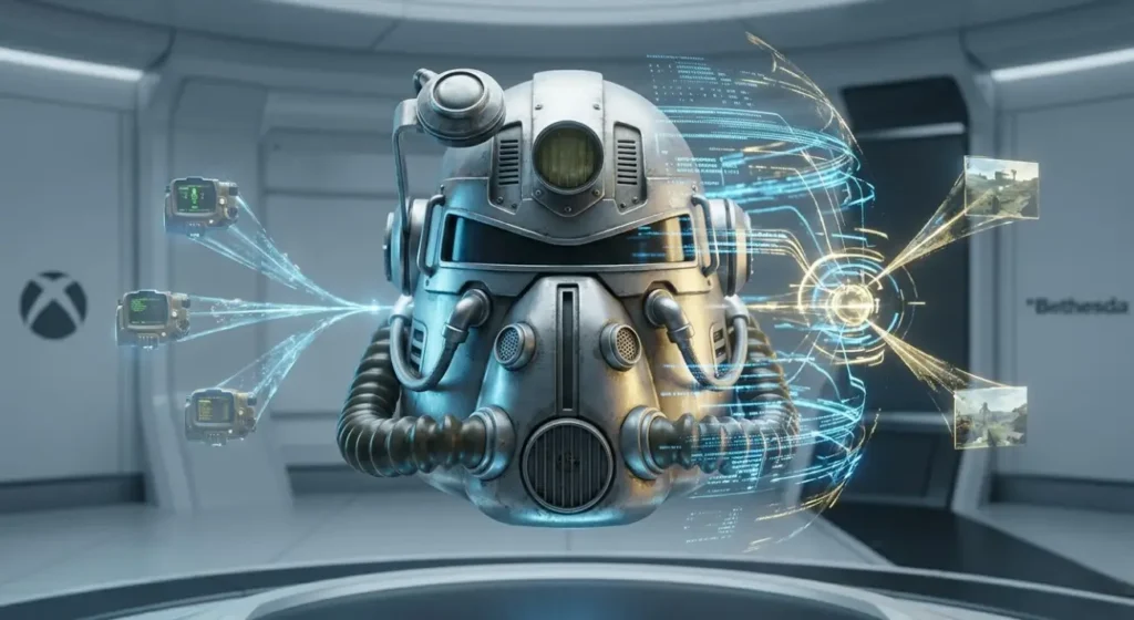 Primer plano cinematográfico de un casco de servoarmadura T-60 de Fallout suspendido entre flujos de datos holográficos y terminales Pip-Boy, en un laboratorio tecnológico con logotipos de Xbox y Bethesda.