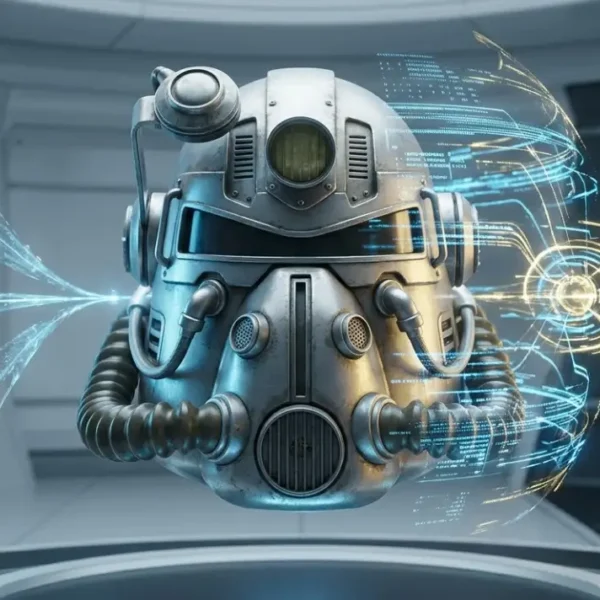 Primer plano cinematográfico de un casco de servoarmadura T-60 de Fallout suspendido entre flujos de datos holográficos y terminales Pip-Boy, en un laboratorio tecnológico con logotipos de Xbox y Bethesda.