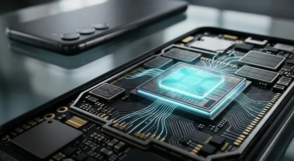Vista interna detallada de un smartphone que muestra un chip de procesador NPU de IA brillante con un patrón de red neuronal en la placa base.