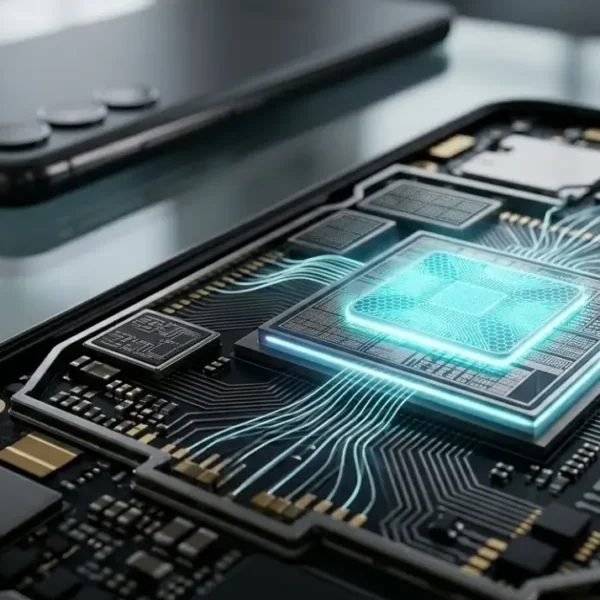 Vista interna detallada de un smartphone que muestra un chip de procesador NPU de IA brillante con un patrón de red neuronal en la placa base.