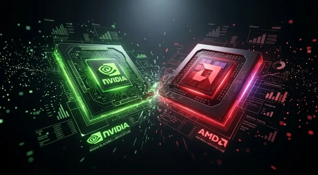 Comparativa técnica de arquitecturas GPU NVIDIA Blackwell y AMD RDNA 4 con diseño futurista y flujos de datos.