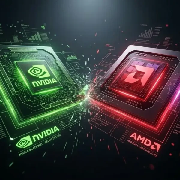 Comparativa técnica de arquitecturas GPU NVIDIA Blackwell y AMD RDNA 4 con diseño futurista y flujos de datos.