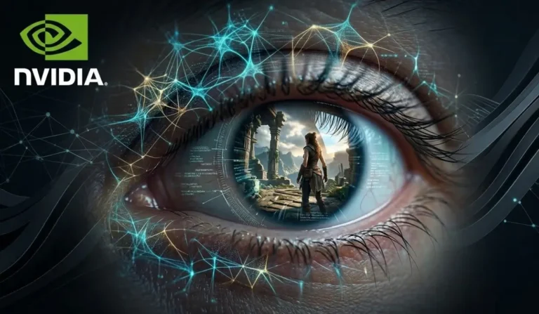Ojo humano biónico con logo de NVIDIA y reflejo de videojuego fotorrealista en 4K.