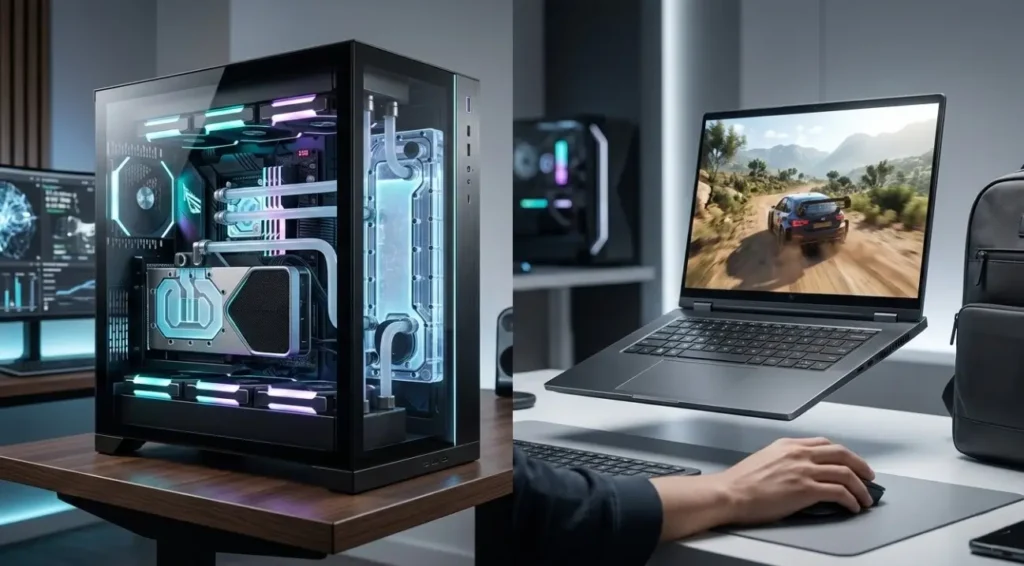 Comparación de un PC gamer de escritorio con refrigeración líquida RGB y un portátil de alto rendimiento mostrando un juego de rally.