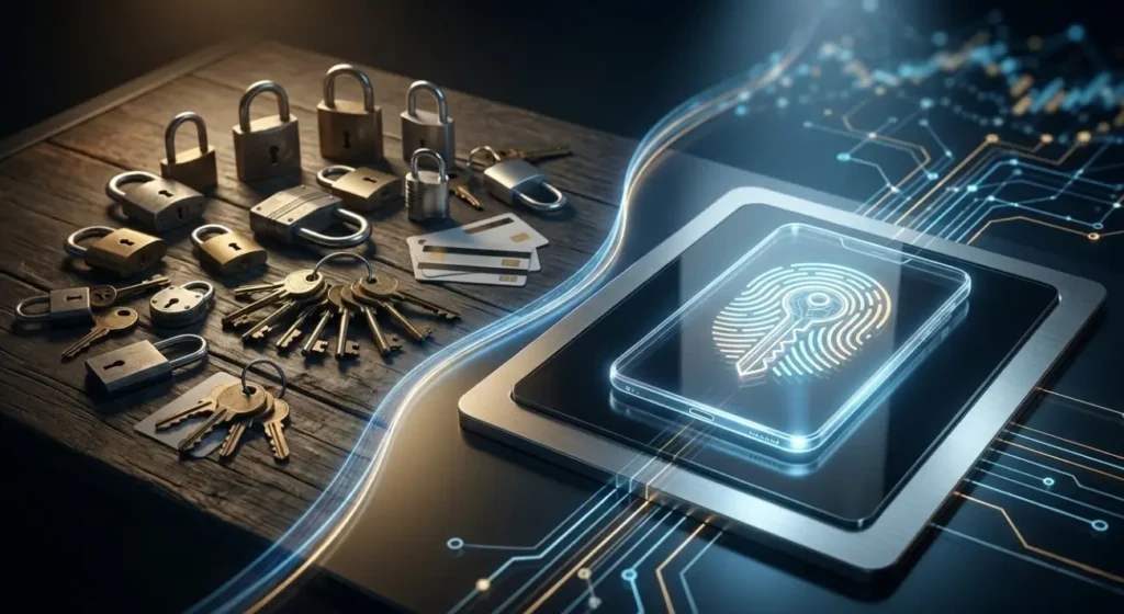 Composición visual comparativa que ilustra la transición de la seguridad tradicional con candados y llaves físicas a la moderna autenticación biométrica por huella dactilar y passkeys digitales en una tablet.