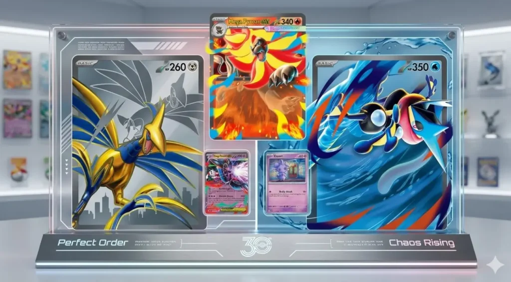 Imagen de un stand de exhibición de cartas Pokémon de coleccionista en un entorno de museo futurista que muestra cartas de Mega Skarmory ex de "Perfect Order", Mega Greninja ex de "Chaos Rising" y otras cartas raras como Mega Pyroar ex y Espurr.