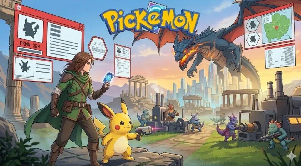 Portada del videojuego Pickmon: un híbrido estilo anime entre Pokémon y Palworld con criaturas capturadas mediante cartas, combates con armas y una estética de supervivencia moderna.