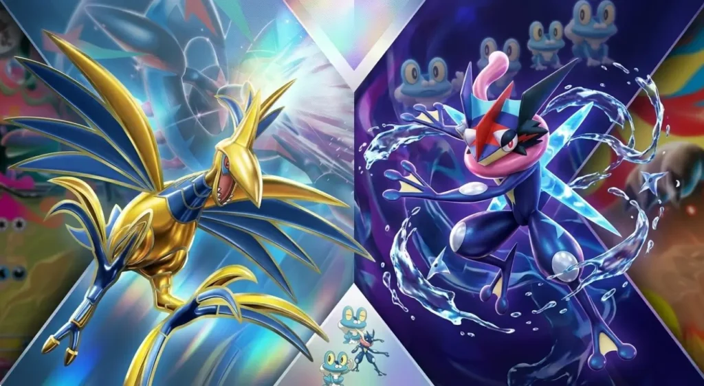 Imagen de versus para Pokémon TCG que muestra a Mega Skarmory ex en pose de Sonic Ripper de "Perfect Order" y a Mega Greninja ex en pose de Ninja Spinner de "Chaos Rising", con ilustraciones de fondo inspiradas en la región de Kalos.