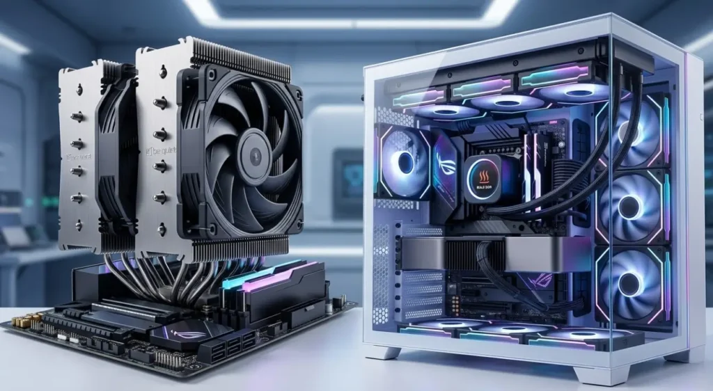 Comparativa de refrigeración líquida AIO y disipador de aire para PC build 2026. Hardware de alta gama con iluminación RGB y diseño tecnológico premium.
