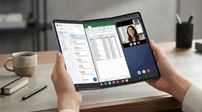 Smartphone plegable Samsung Galaxy z tri-fold con pantalla de multitarea triple: correo, hoja de cálculo y videollamada en un escritorio.