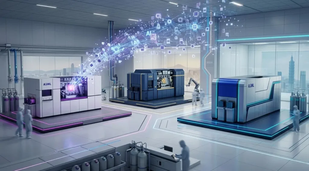 Fábrica de semiconductores 2026: máquinas ASML e Intel produciendo chips de 2nm con flujos de IA en una sala limpia tecnológica de alta precisión.