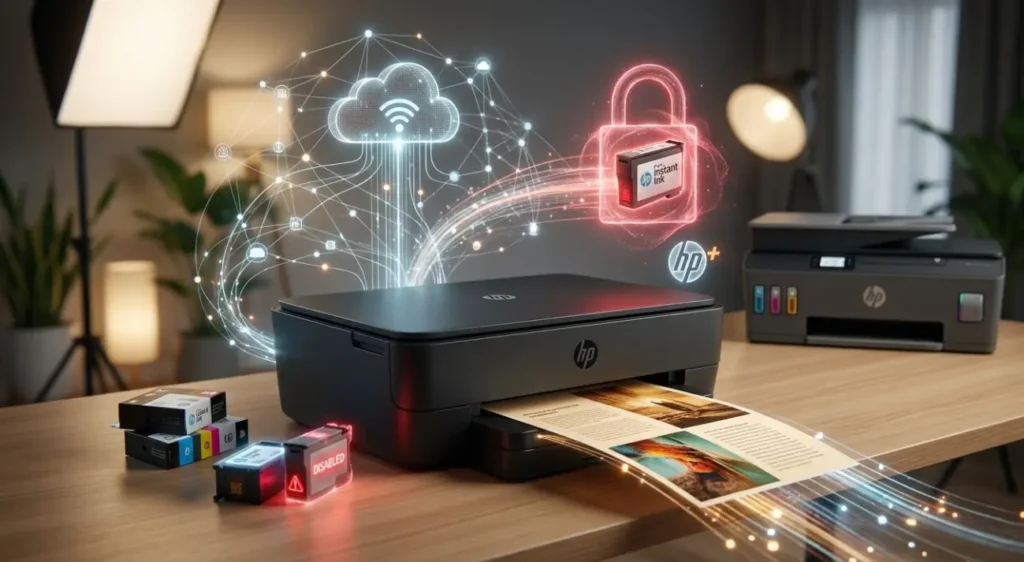 Conceptual visual de la suscripción de impresoras HP, que muestra el bloqueo de cartuchos Instant Ink y conexión a la nube, con una alternativa de tanque de tinta al fondo.
