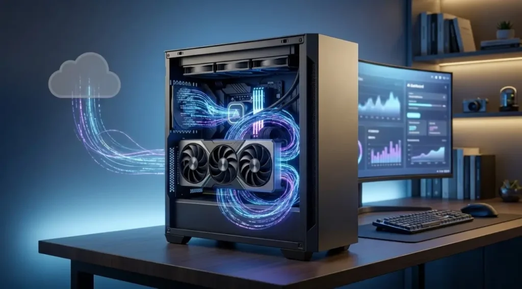 PC como servidor de IA con GPU para IA local y visualización de flujos de datos de nube y locales.