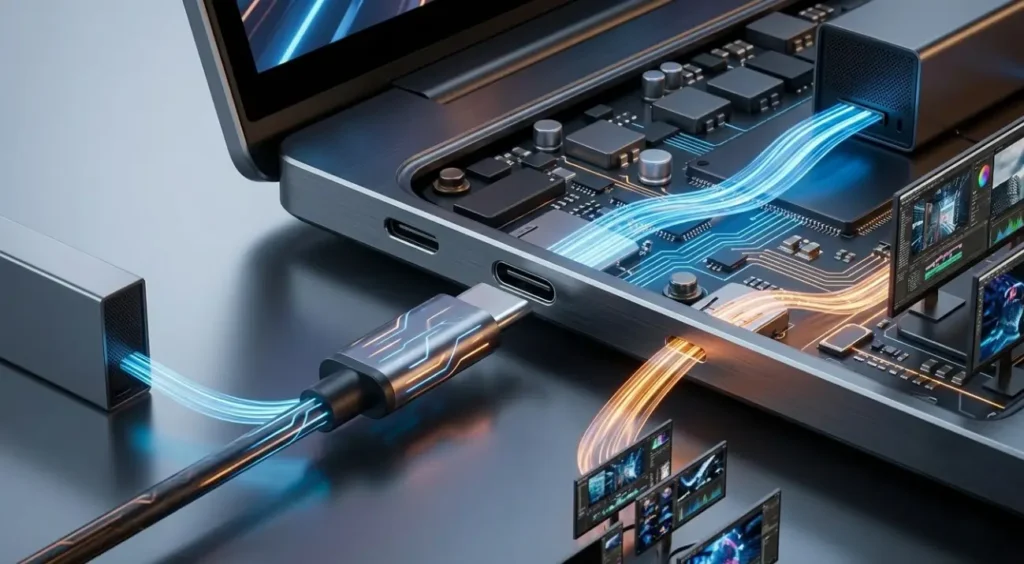 Detalle de laptop con puertos USB-C y flujos de datos luminosos, representando la alta velocidad de Thunderbolt 5 y USB4 en un estilo tecnológico premium.