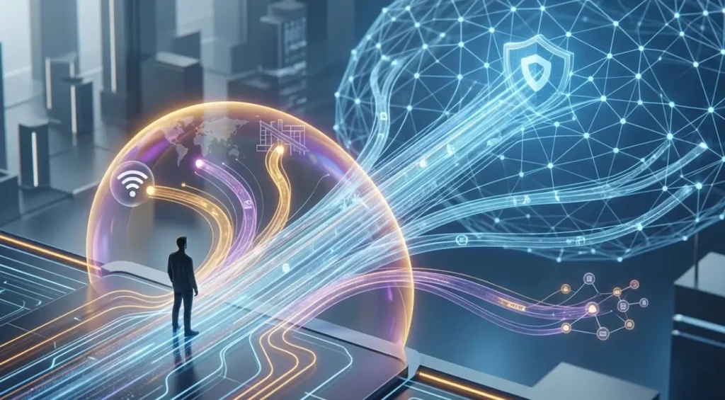 Ilustración 3D de una VPN en 2026: datos cifrados fluyendo hacia un escudo digital, representando seguridad, privacidad y tecnología de red avanzada.