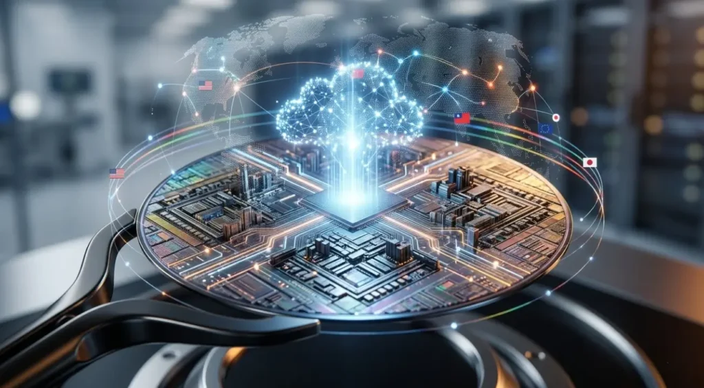 Oblea de semiconductores con tecnología de 2nm y red global de IA, representando la Economía del Silicio en 2026.
