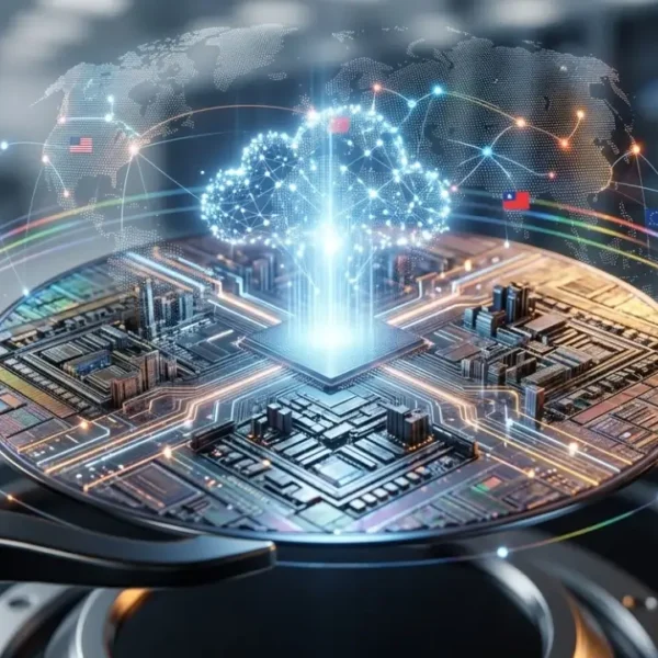 Oblea de semiconductores con tecnología de 2nm y red global de IA, representando la Economía del Silicio en 2026.