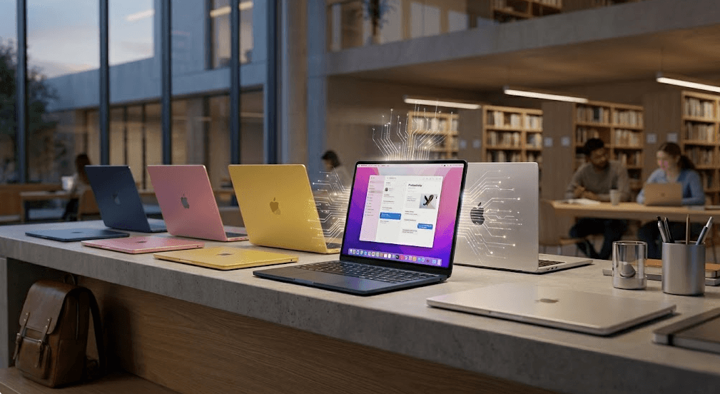 Alineación de portátiles Apple MacBook NEO de colores en una tienda Apple Store. Un gráfico superpuesto de circuitos destaca el chip Apple Silicon.