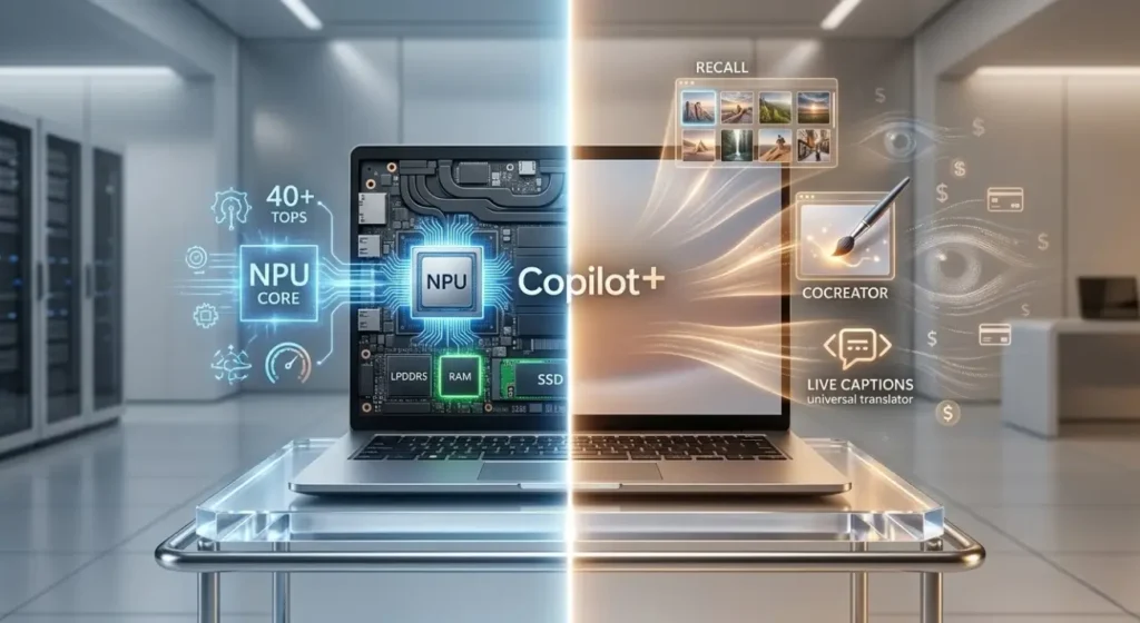 Ilustración de pantalla dividida de un portátil Microsoft Copilot+ que muestra el hardware NPU Core (40+ TOPS, RAM, SSD) a la izquierda y las funciones de IA (Recall, Cocreator, Live Captions) a la derecha.