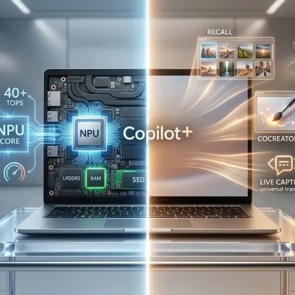 Ilustración de pantalla dividida de un portátil Microsoft Copilot+ que muestra el hardware NPU Core (40+ TOPS, RAM, SSD) a la izquierda y las funciones de IA (Recall, Cocreator, Live Captions) a la derecha.