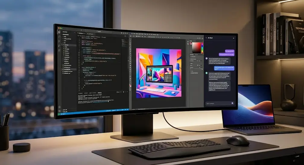 Monitor profesional para IA con pantalla ultrawide y flujo de trabajo multiventana.