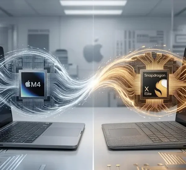 Comparación visual de chips Apple M4 y Snapdragon X Elite entre portátiles MacBook y PC en un laboratorio tecnológico.