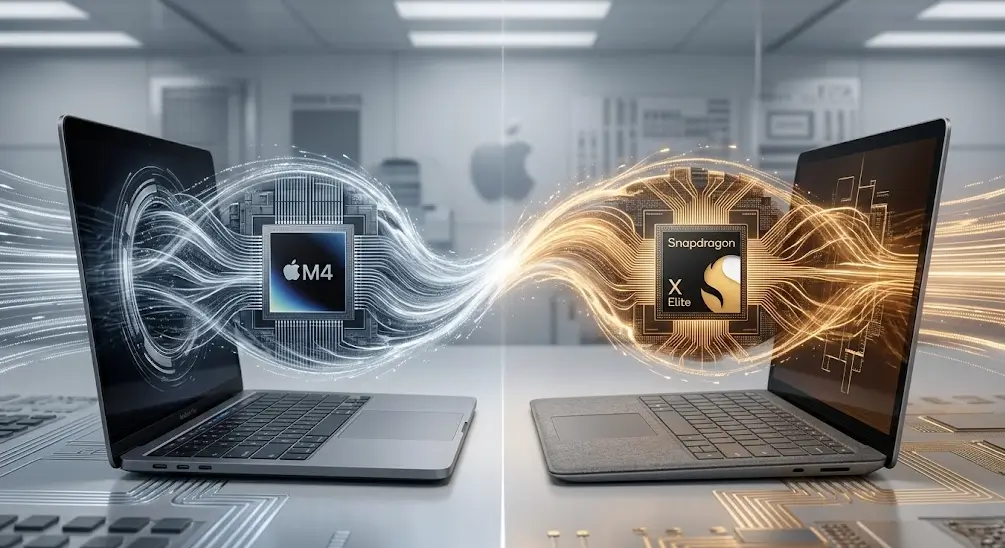 Comparación visual de chips Apple M4 y Snapdragon X Elite entre portátiles MacBook y PC en un laboratorio tecnológico.