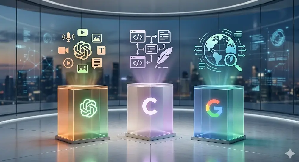 Imagen de portada comparativa de ChatGPT Plus, Claude Pro y Gemini Advanced: pedestales de luz con logos de OpenAI, Anthropic y Google y sus iconos de multimedia, código e investigación en un entorno tecnológico moderno.