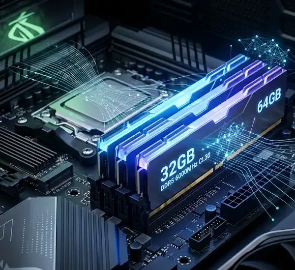 Imagen de primer plano de hardware de PC de alta tecnología en 2026, con módulos de RAM DDR5 de 32GB y 64GB que brillan intensamente, simbolizando las demandas de la inteligencia artificial.