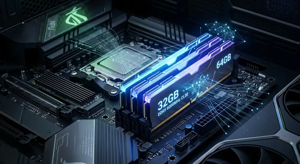 Imagen de primer plano de hardware de PC de alta tecnología en 2026, con módulos de RAM DDR5 de 32GB y 64GB que brillan intensamente, simbolizando las demandas de la inteligencia artificial.