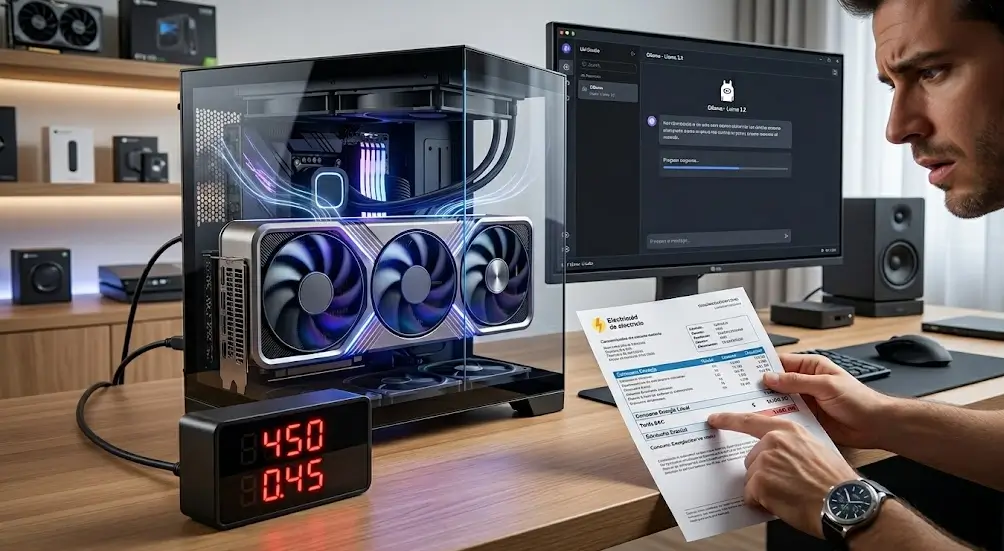 Hombre sorprendido revisando factura de luz junto a PC ejecutando IA local y medidor de energía marcando 450W.