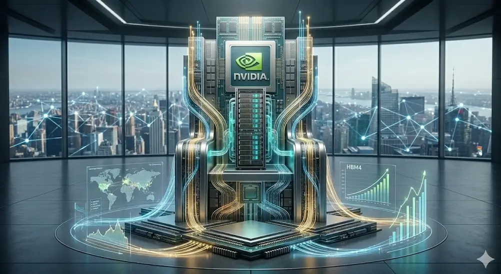 Servidor de centro de datos NVIDIA de alta tecnología con visualizaciones holográficas de HBM4 y red global.