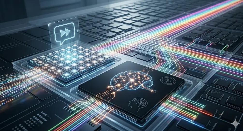 Hardware de computación neuromórfica avanzada con un chip cerebral grabado y un holograma de interfaz de chat, conectado por fibra óptica de colores.