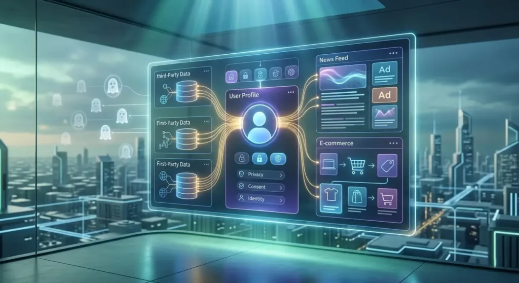 Interfaz de usuario futurista que visualiza la gestión de datos de usuario (datos de primera mano vs. datos de terceros), privacidad, noticias y e-commerce.